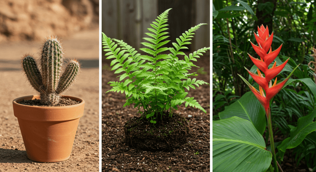 Pessoa regando plantas diversas em quintal ensolarado com cuidado e atenção