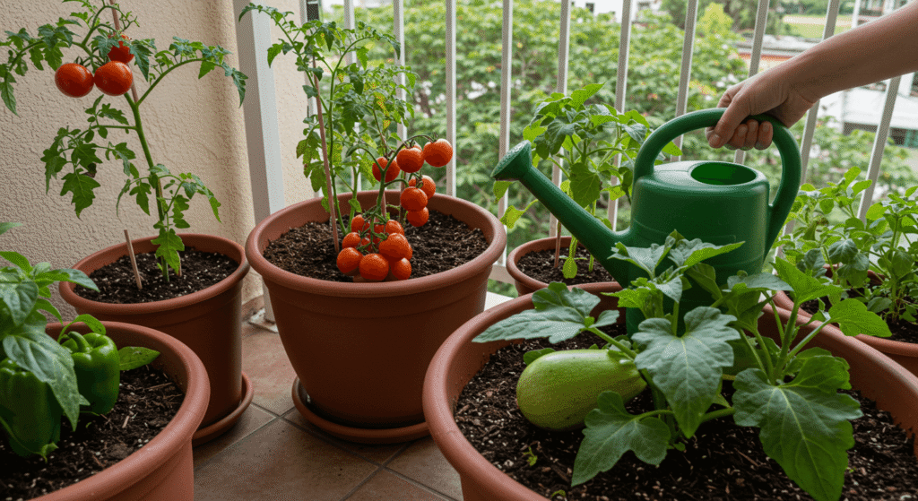 Horta de varanda com tomates e pimentões crescendo no verão.