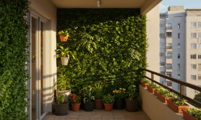 Varanda com jardim vertical e vasos floridos em clima tropical