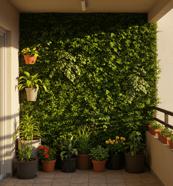 Varanda com jardim vertical e vasos floridos em clima tropical