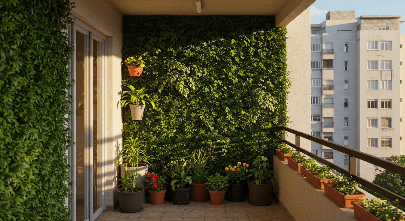 Varanda com jardim vertical e vasos floridos em clima tropical